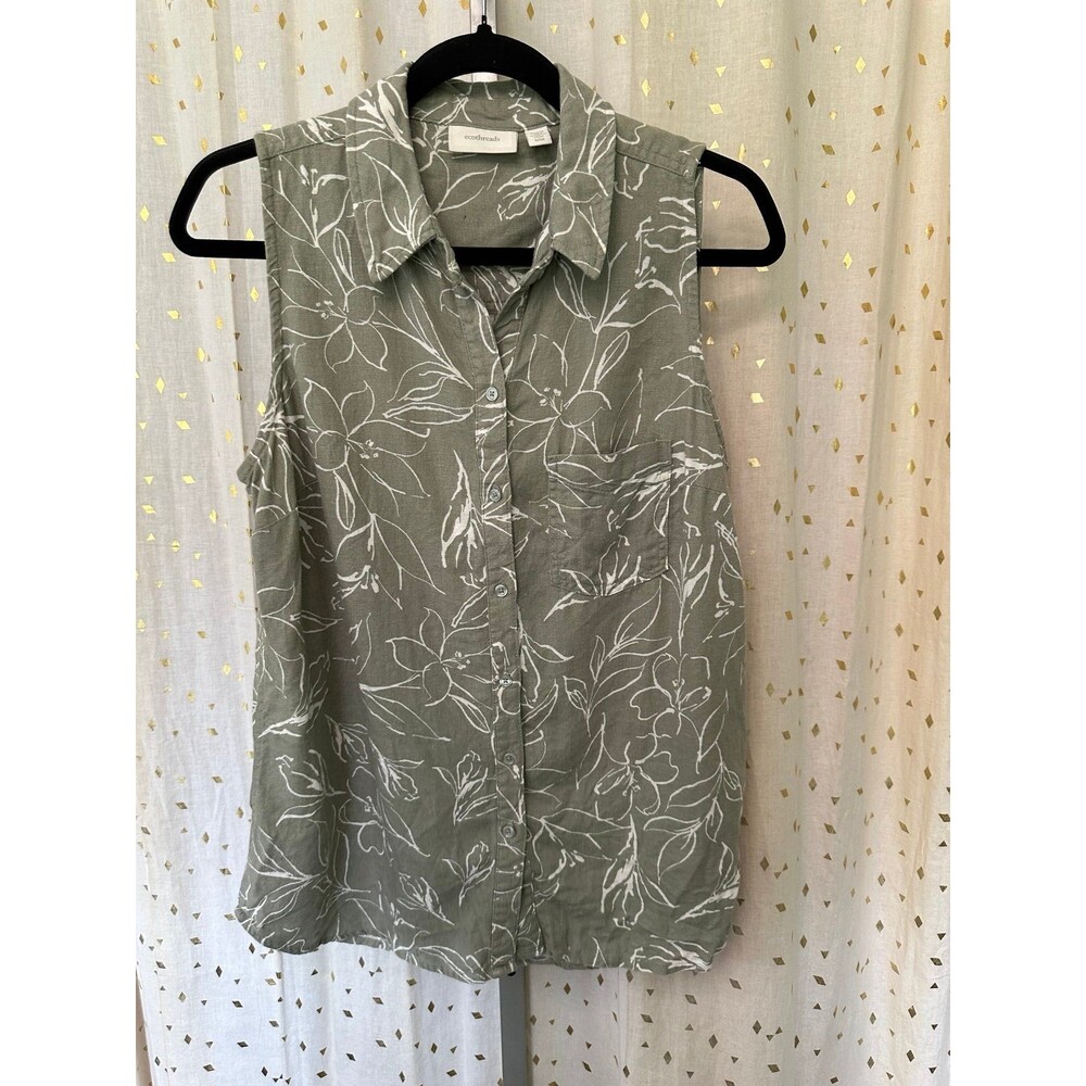 Ecothreads Linen Blend Hawaiian Inspired Floral Sleeveless Button-Up Blouse S